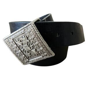 Vintage Dockers Black Leather Belt Silver Tone Square Buckle Extra Large Basic